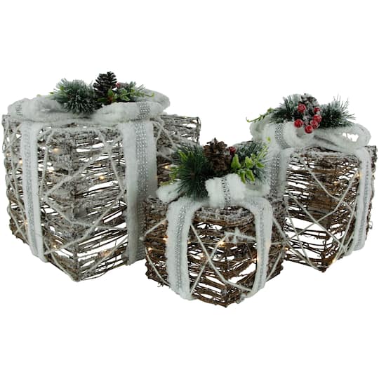 LED Gift Boxes with Pine & Berries Christmas Decoration Set